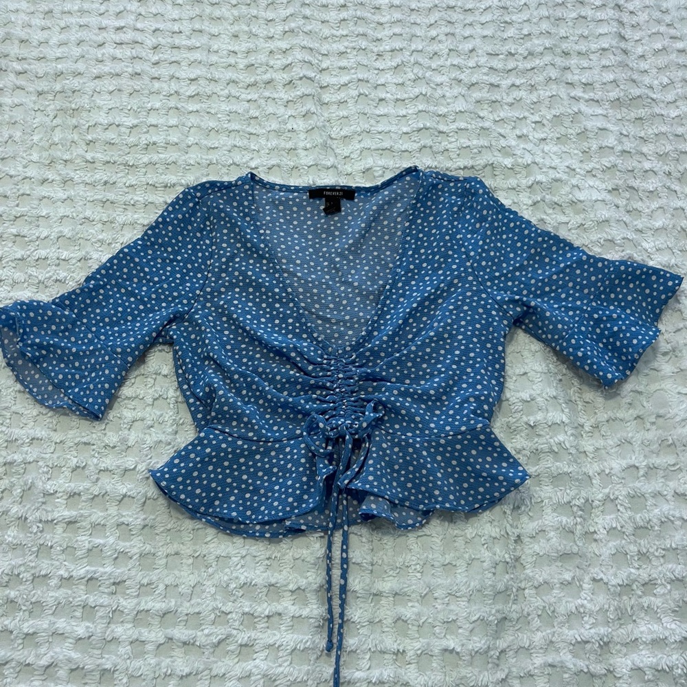 Tie Front Blue Polka Dot Crop Top with Frill Quarter Sleeves